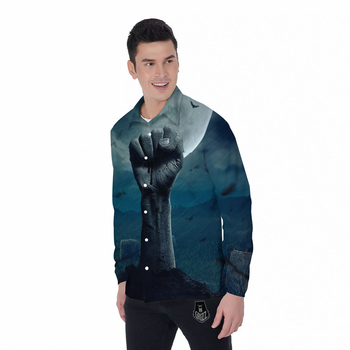Zombie Hand Rising From Grave Print Men's Long Sleeve Shirts-grizzshop