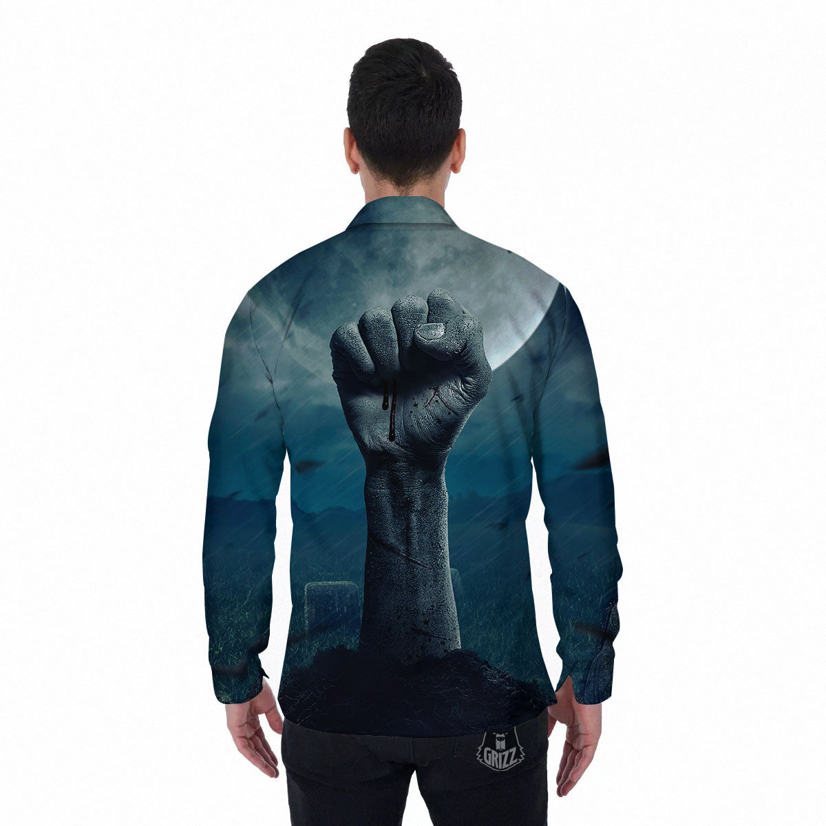 Zombie Hand Rising From Grave Print Men's Long Sleeve Shirts-grizzshop
