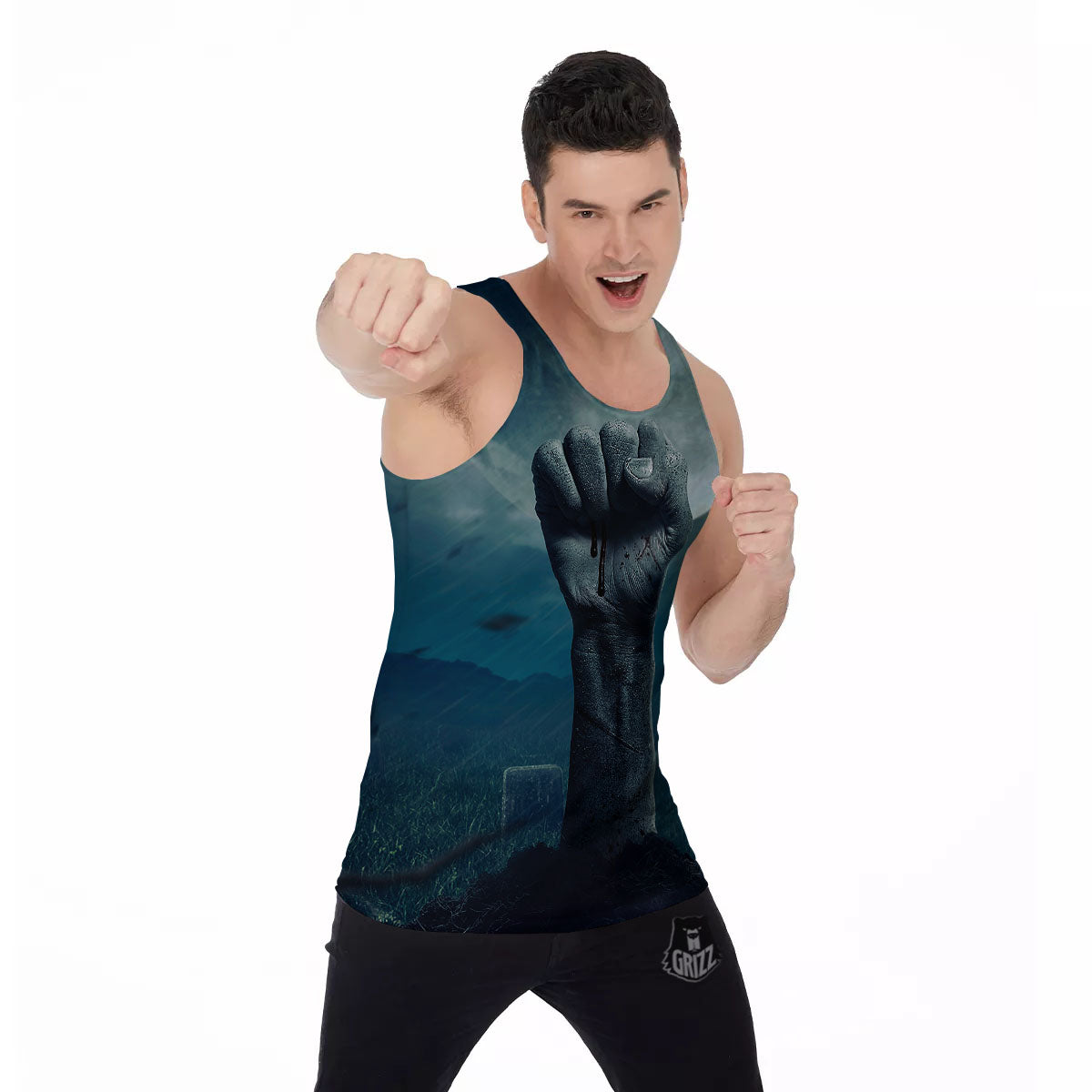 Zombie Hand Rising From Grave Print Men's Tank Top-grizzshop
