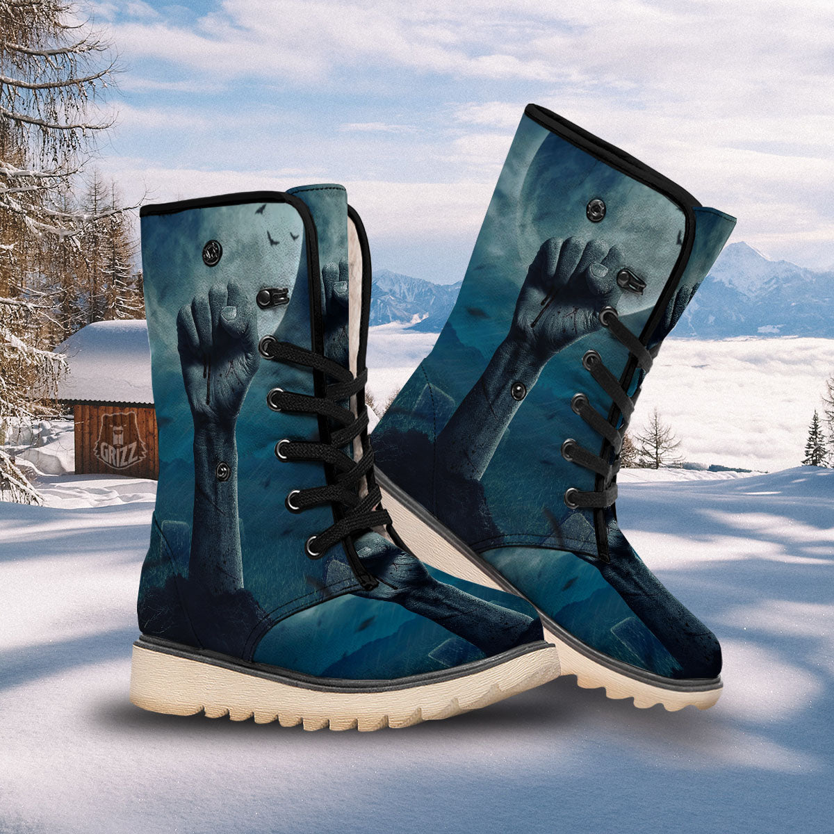 Zombie Hand Rising From Grave Print Snow Boots-grizzshop