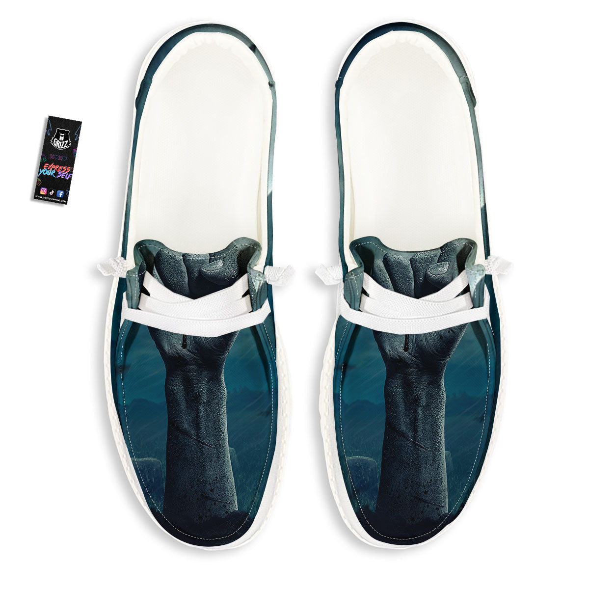 Zombie Hand Rising From Grave Print White Loafers-grizzshop