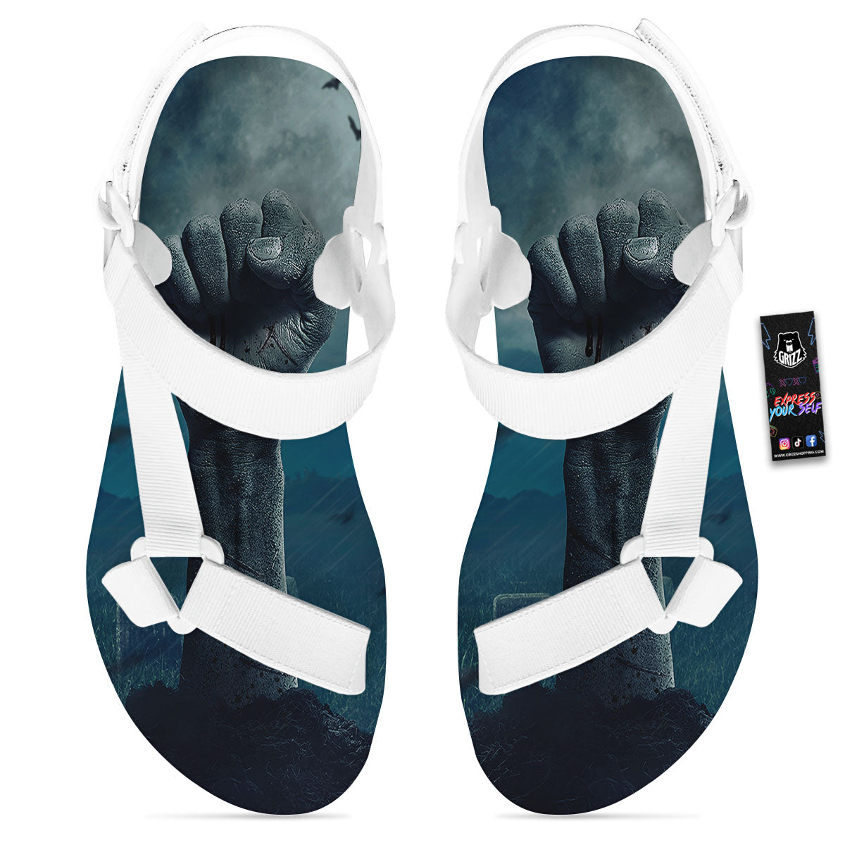Zombie Hand Rising From Grave Print White Open Toe Sandals-grizzshop