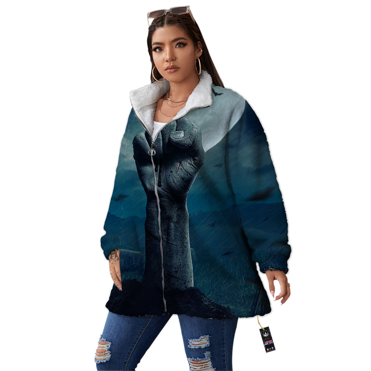 Zombie Hand Rising From Grave Print Women's Sherpa Jacket-grizzshop