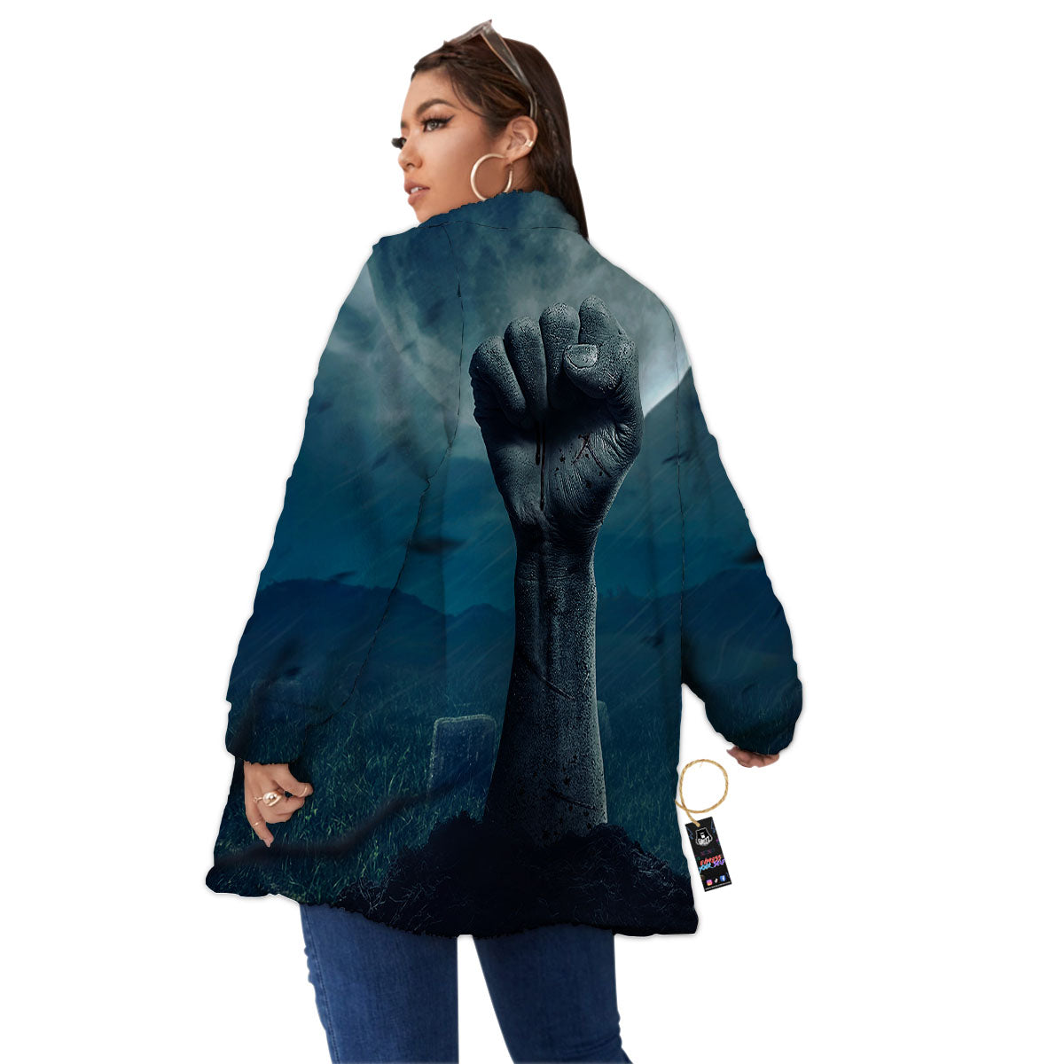 Zombie Hand Rising From Grave Print Women's Sherpa Jacket-grizzshop