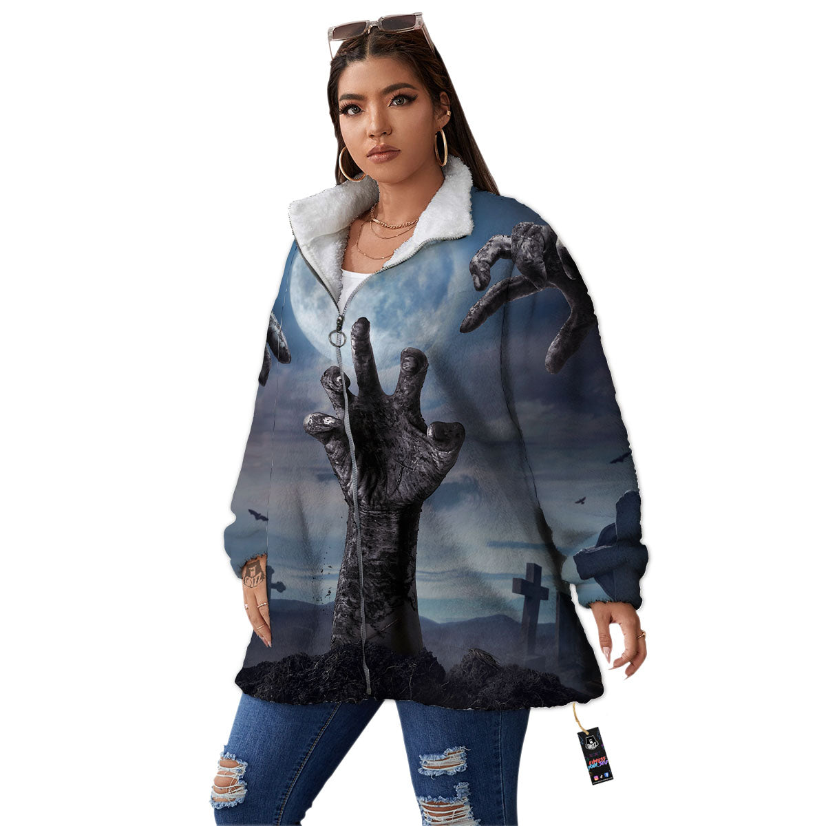Zombie Hands Halloween Print Women's Sherpa Jacket-grizzshop