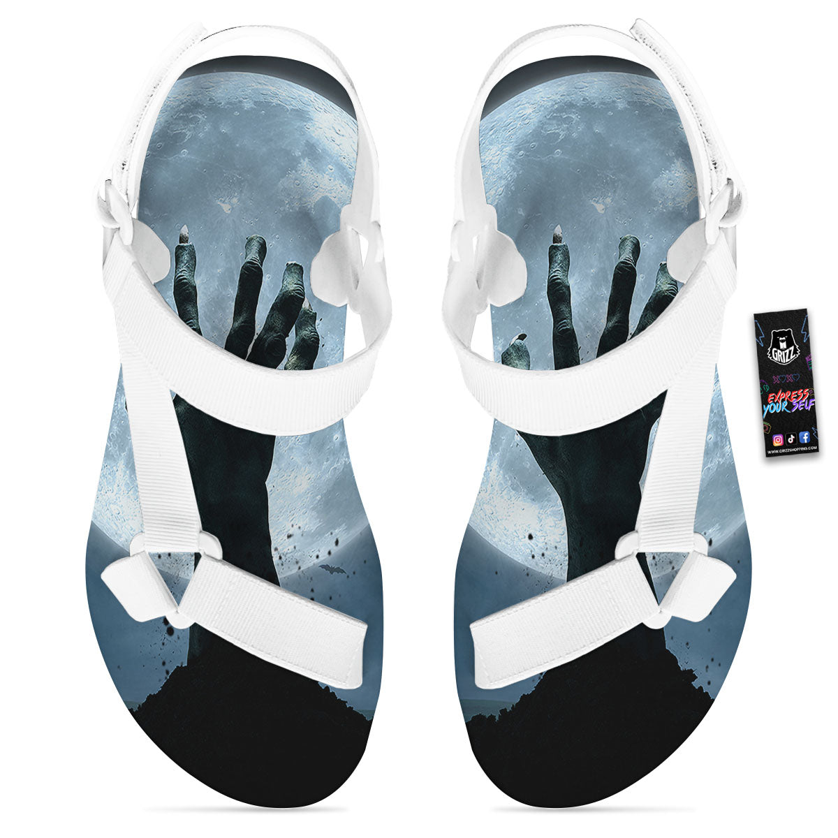 Zombie Hands Scary Print White Open Toe Sandals-grizzshop