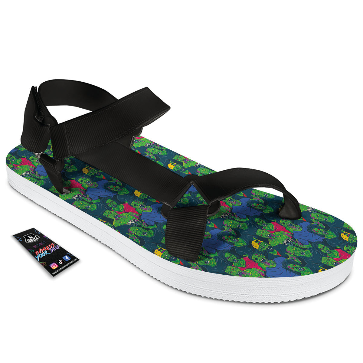Zombie Print Pattern Black Open Toe Sandals-grizzshop