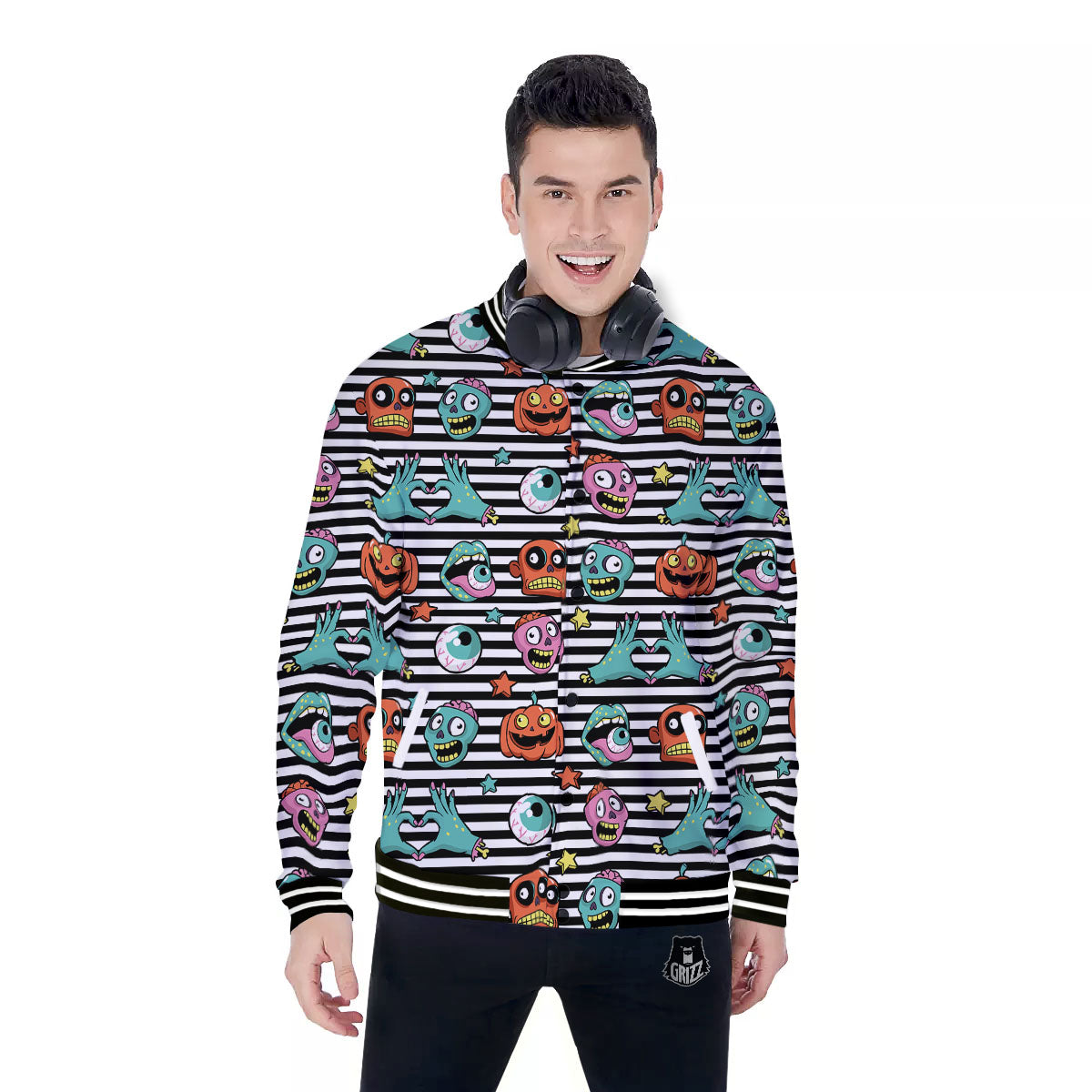 Zombie Striped Halloween Print Pattern Baseball Jacket-grizzshop