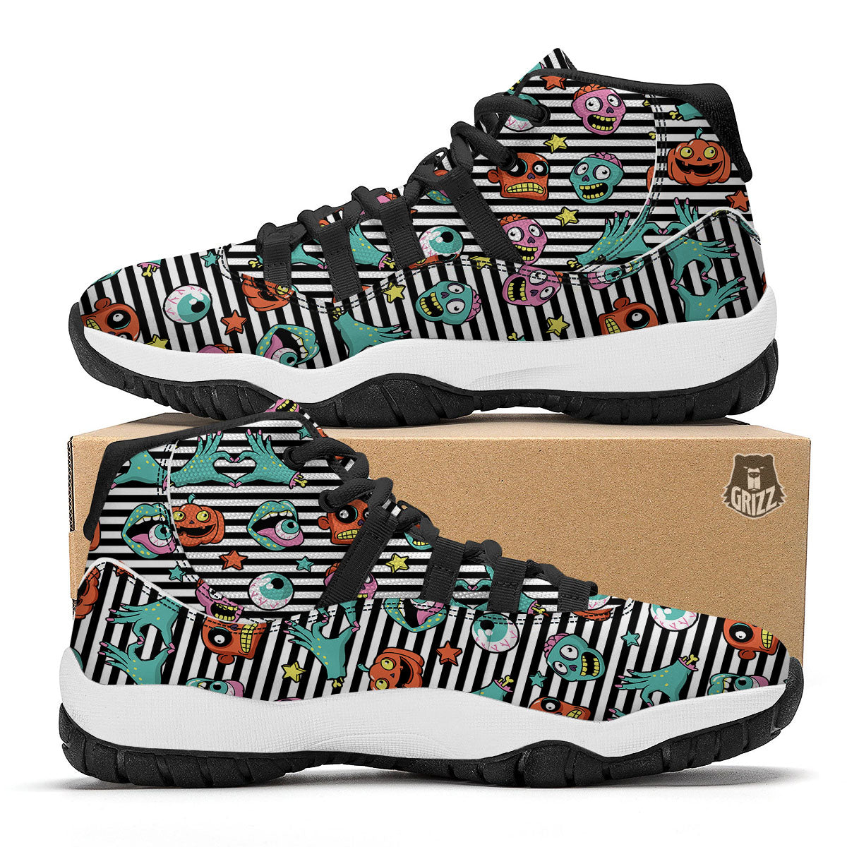 Zombie Striped Halloween Print Pattern Black Bball Shoes-grizzshop