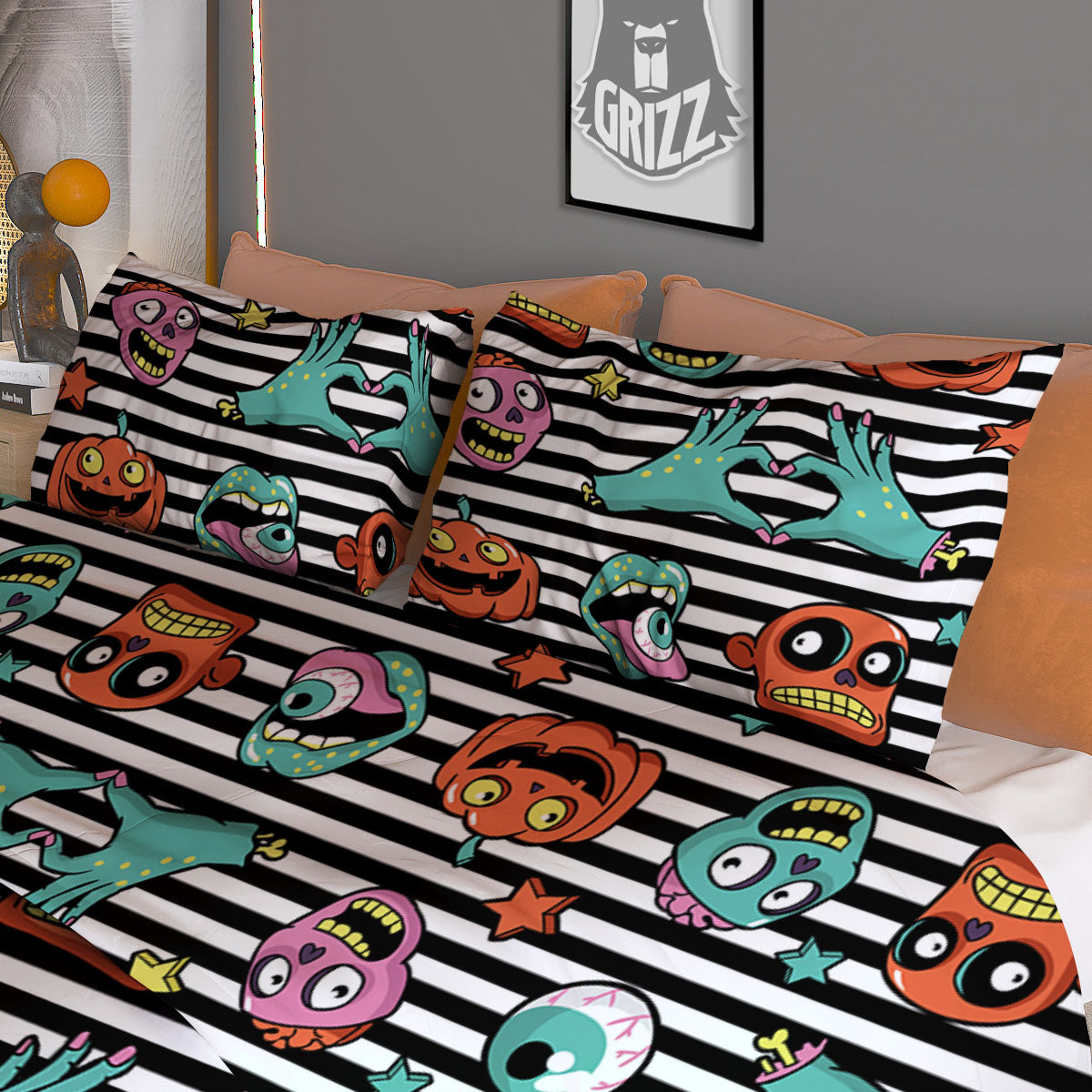 Zombie Striped Halloween Print Pattern Duvet Cover Bedding Set