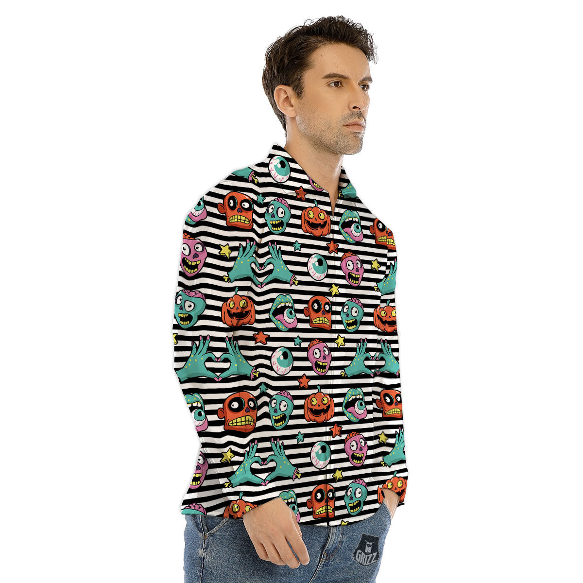 Zombie Striped Halloween Print Pattern Men's Dress Shirts-grizzshop