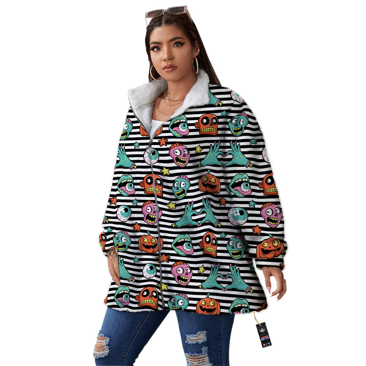 Zombie Striped Halloween Print Pattern Women's Sherpa Jacket-grizzshop