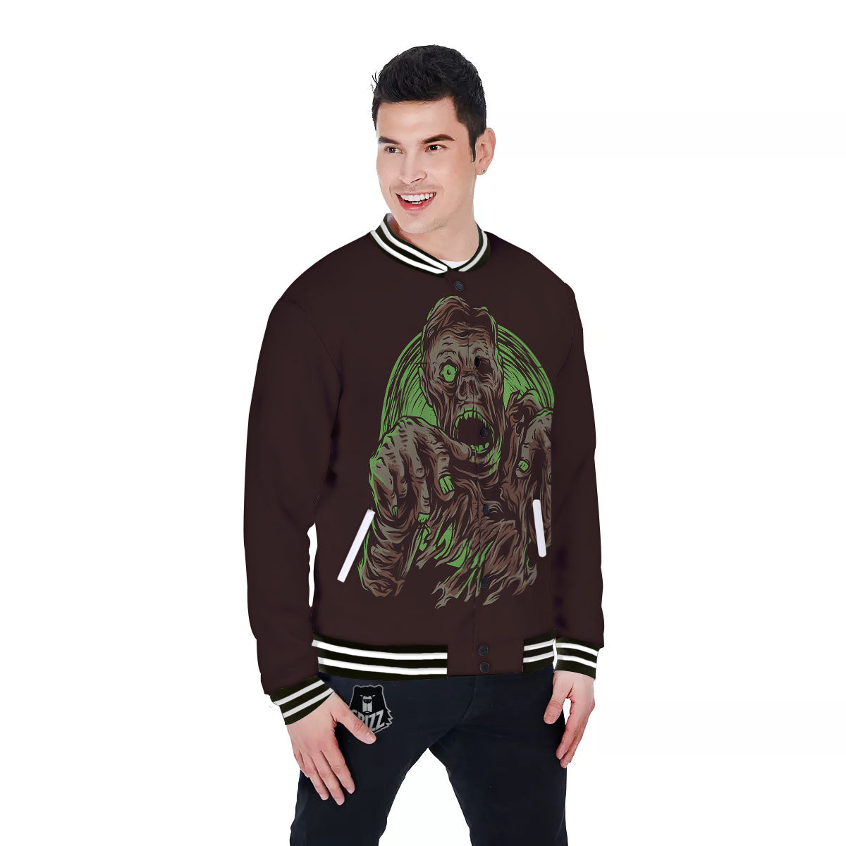 Zombie Walking Green Print Baseball Jacket-grizzshop