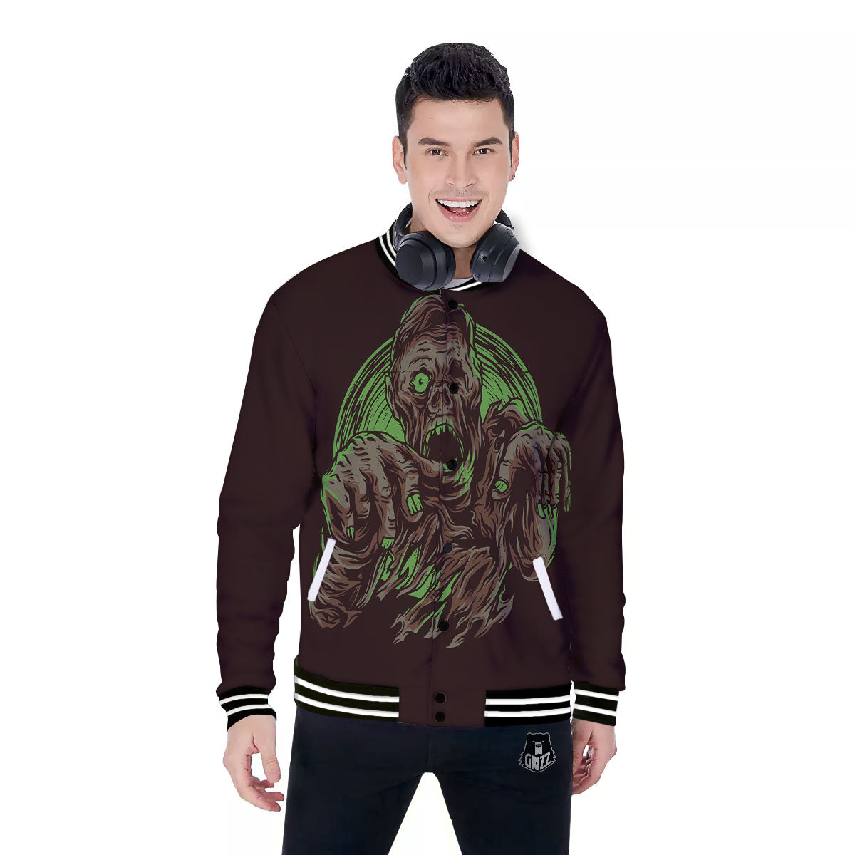 Zombie Walking Green Print Baseball Jacket-grizzshop