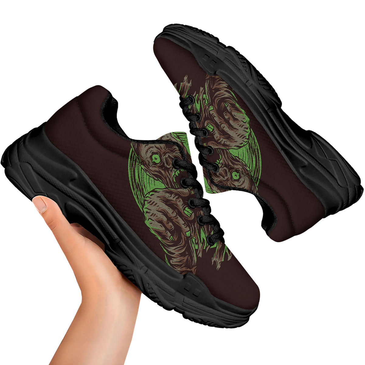 Zombie Walking Green Print Black Chunky Shoes-grizzshop