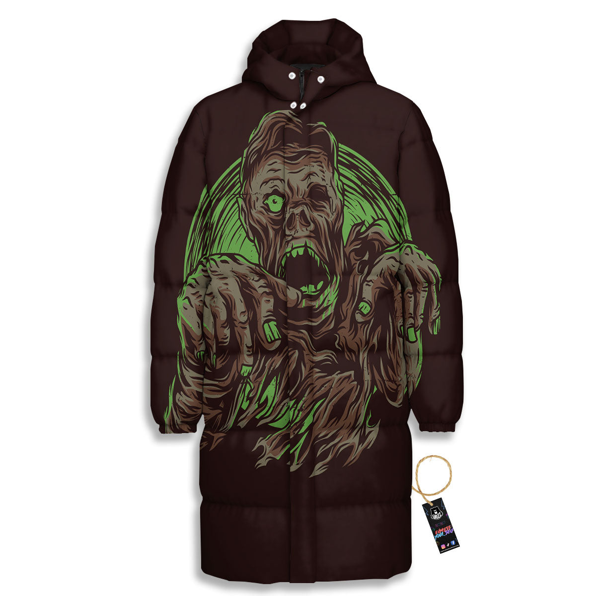 Zombie Walking Green Print Long Down Jacket-grizzshop