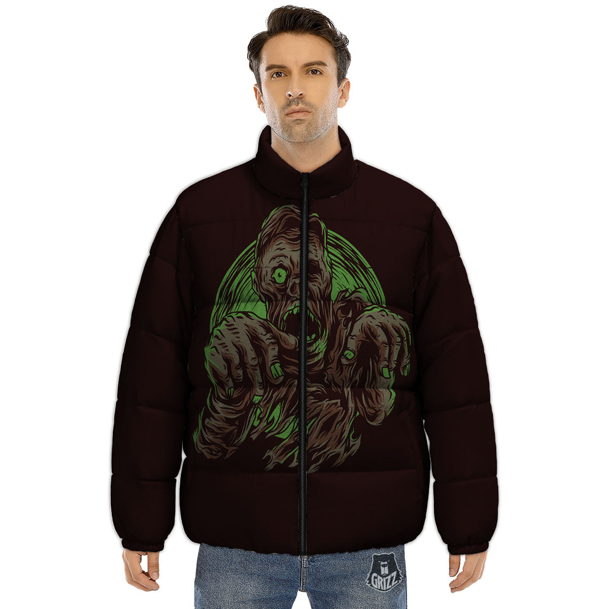 Zombie Walking Green Print Puffer Jacket-grizzshop