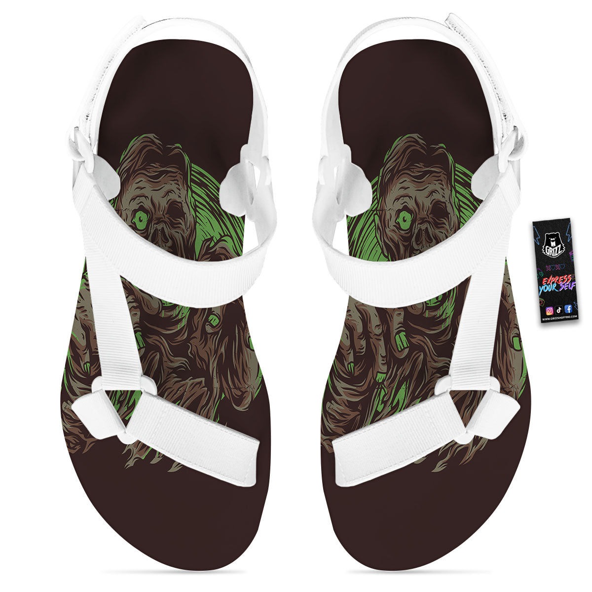 Zombie Walking Green Print White Open Toe Sandals-grizzshop