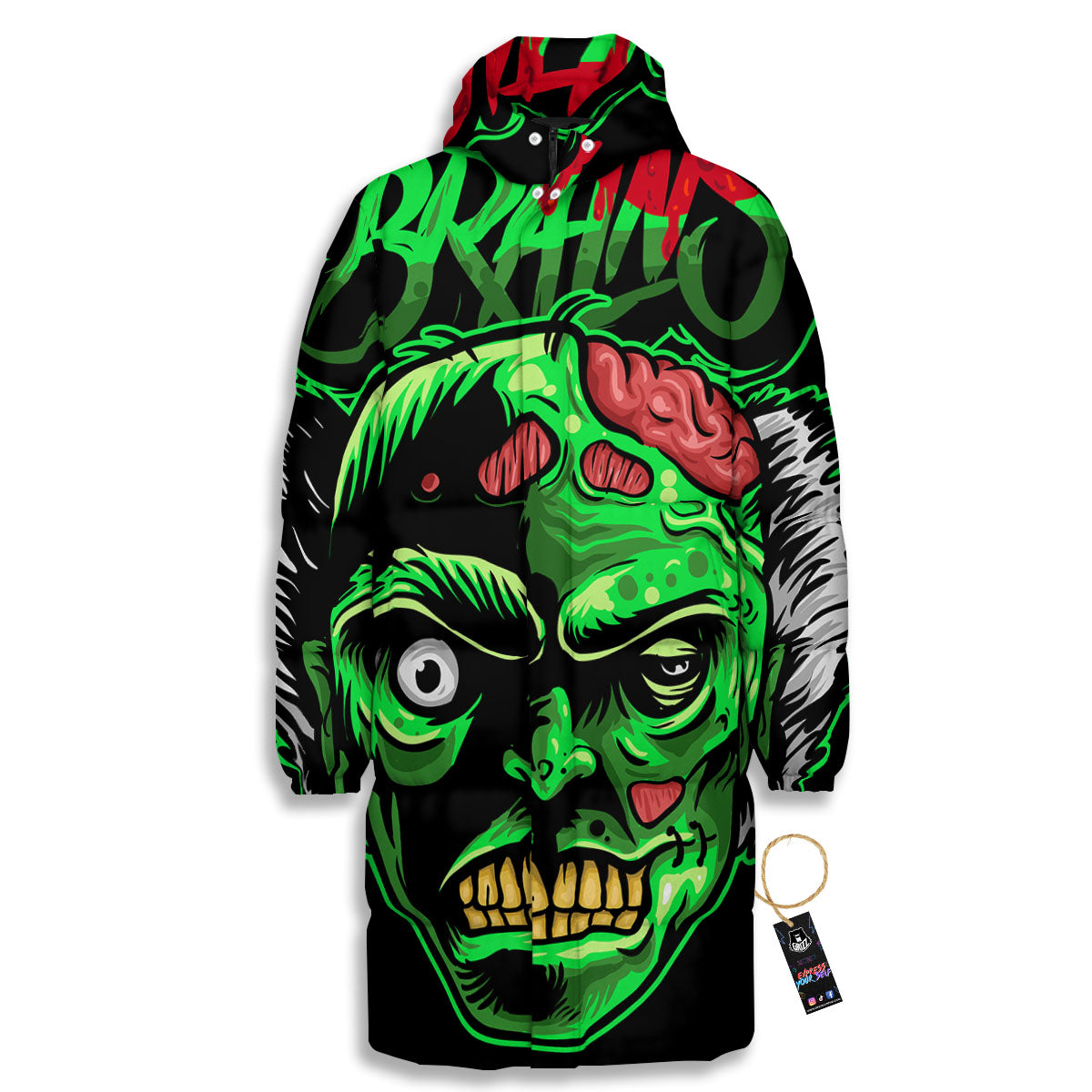 Zombie Brain Halloween Print Long Down Jacket