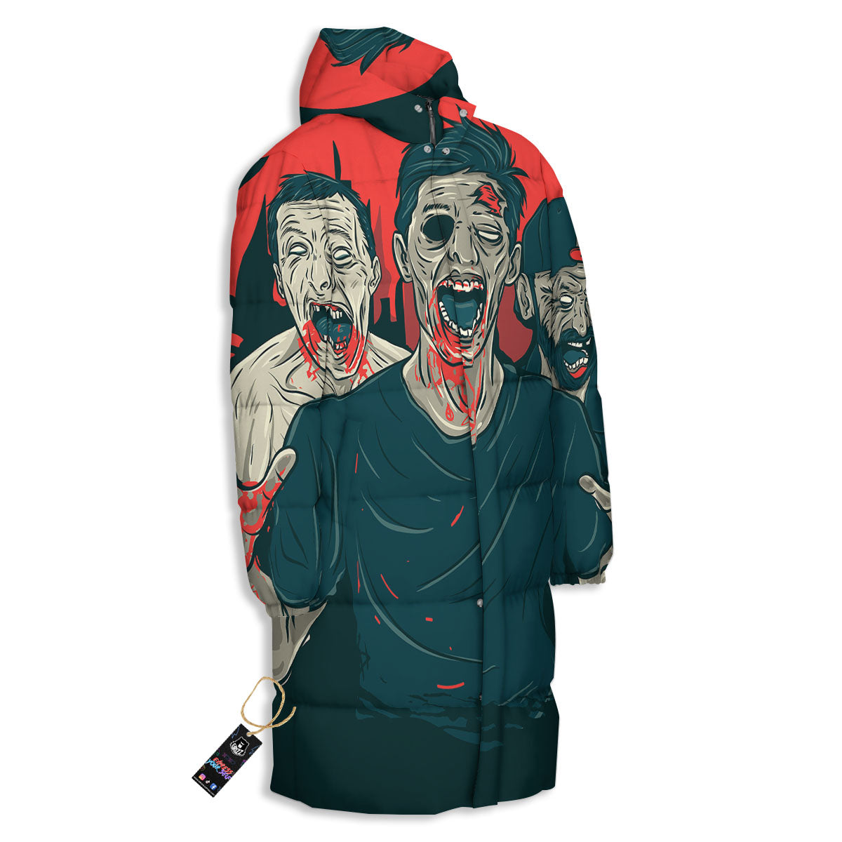 Zombie Crowd Halloween Print Long Down Jacket