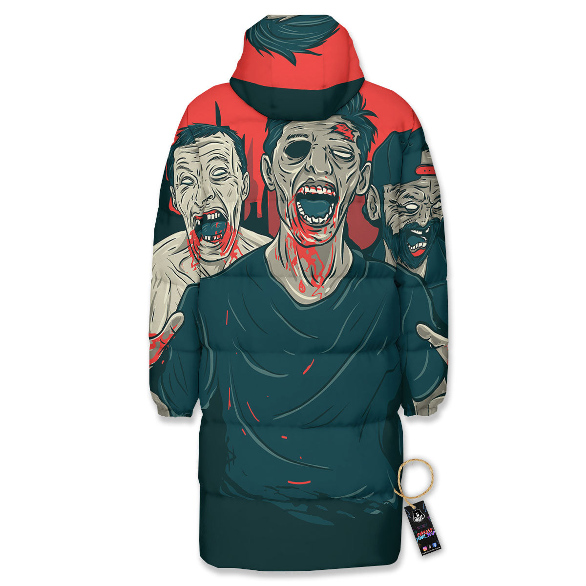 Zombie Crowd Halloween Print Long Down Jacket