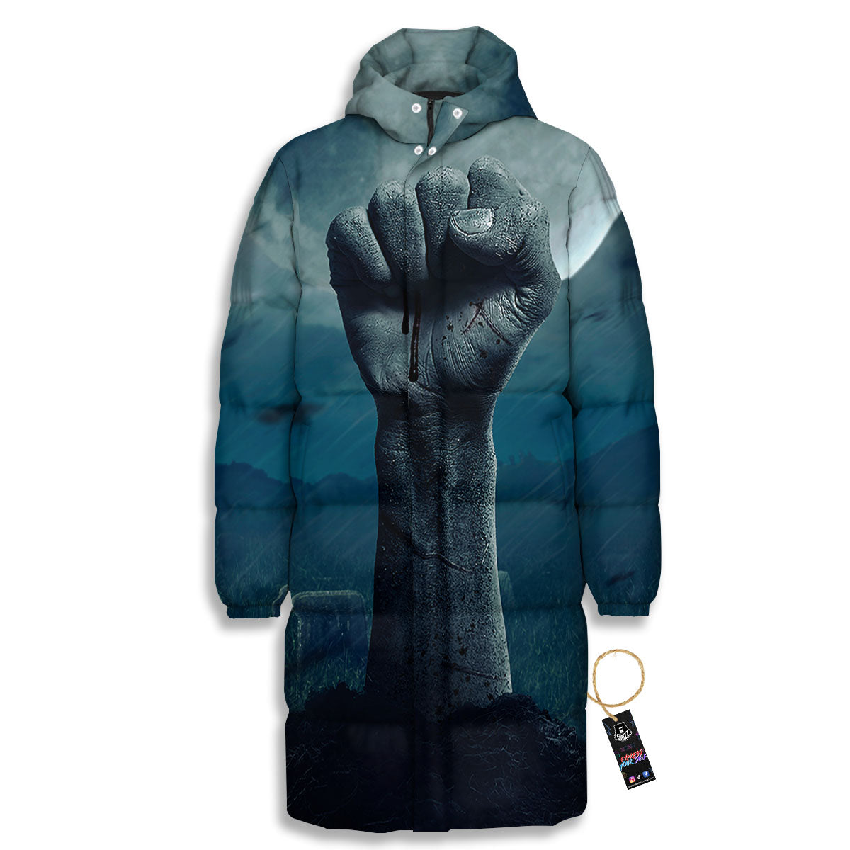 Zombie Hand Rising From Grave Print Long Down Jacket