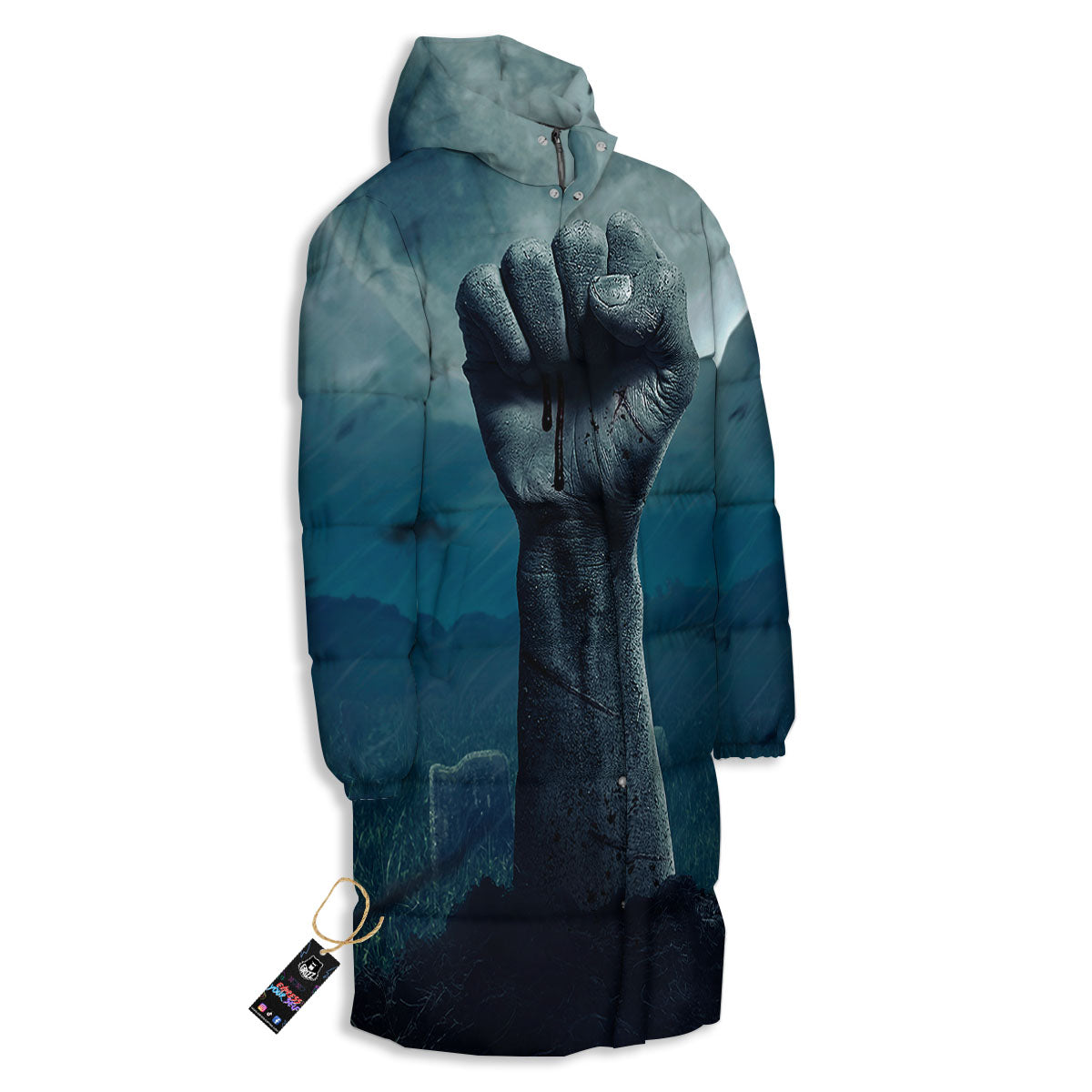 Zombie Hand Rising From Grave Print Long Down Jacket