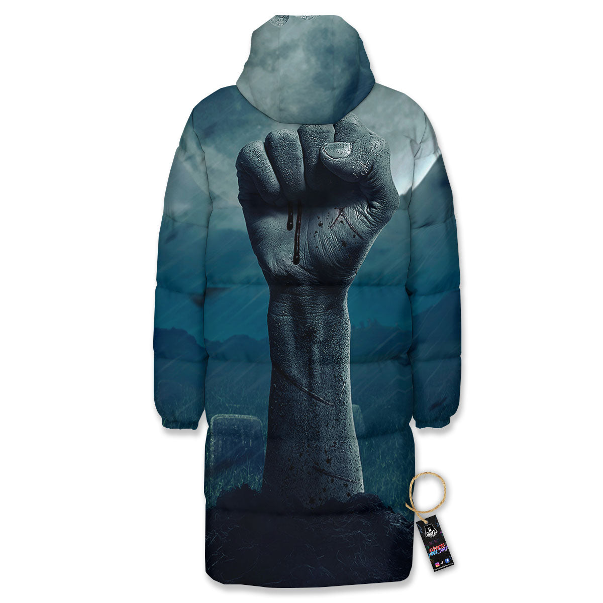Zombie Hand Rising From Grave Print Long Down Jacket