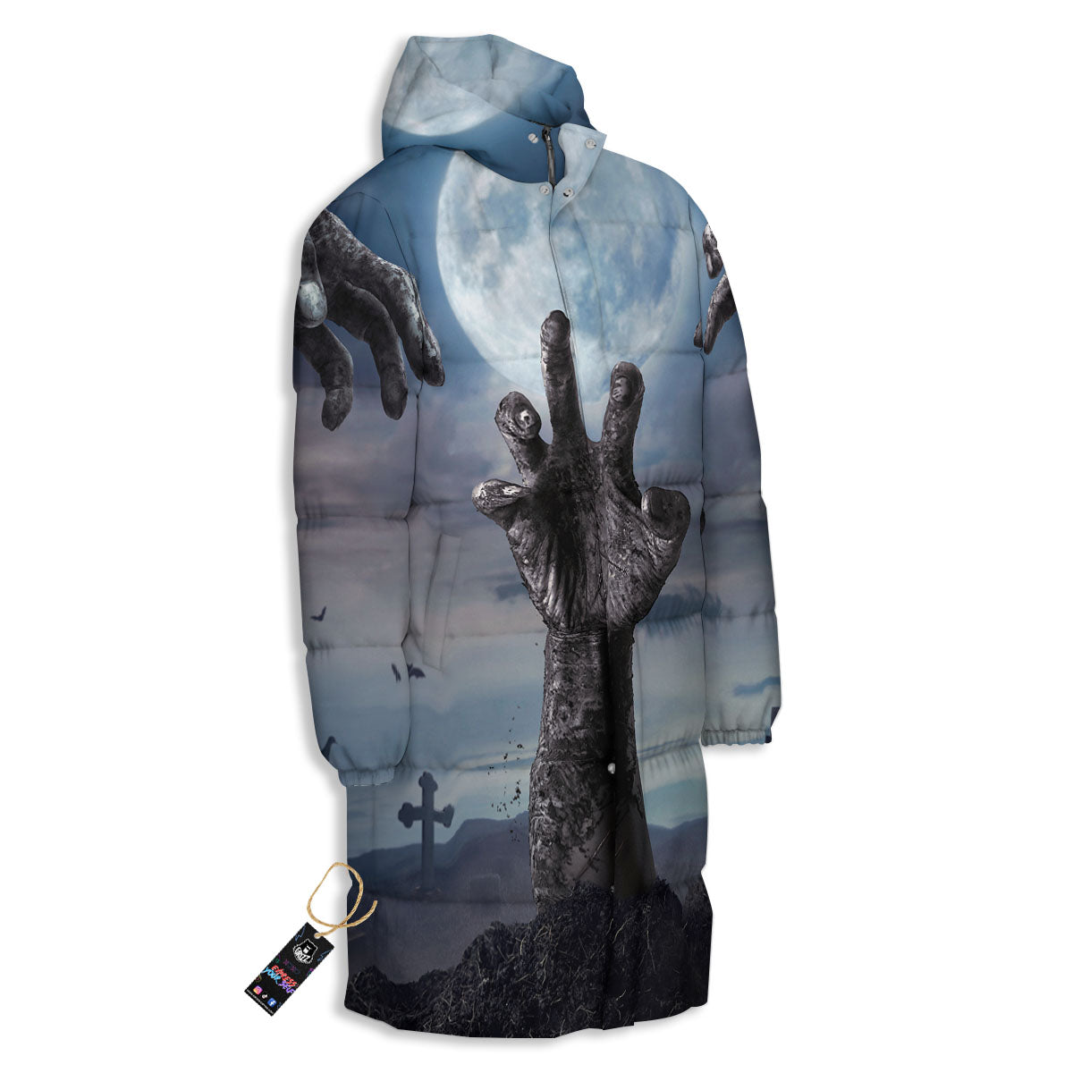 Zombie Hands Halloween Print Long Down Jacket