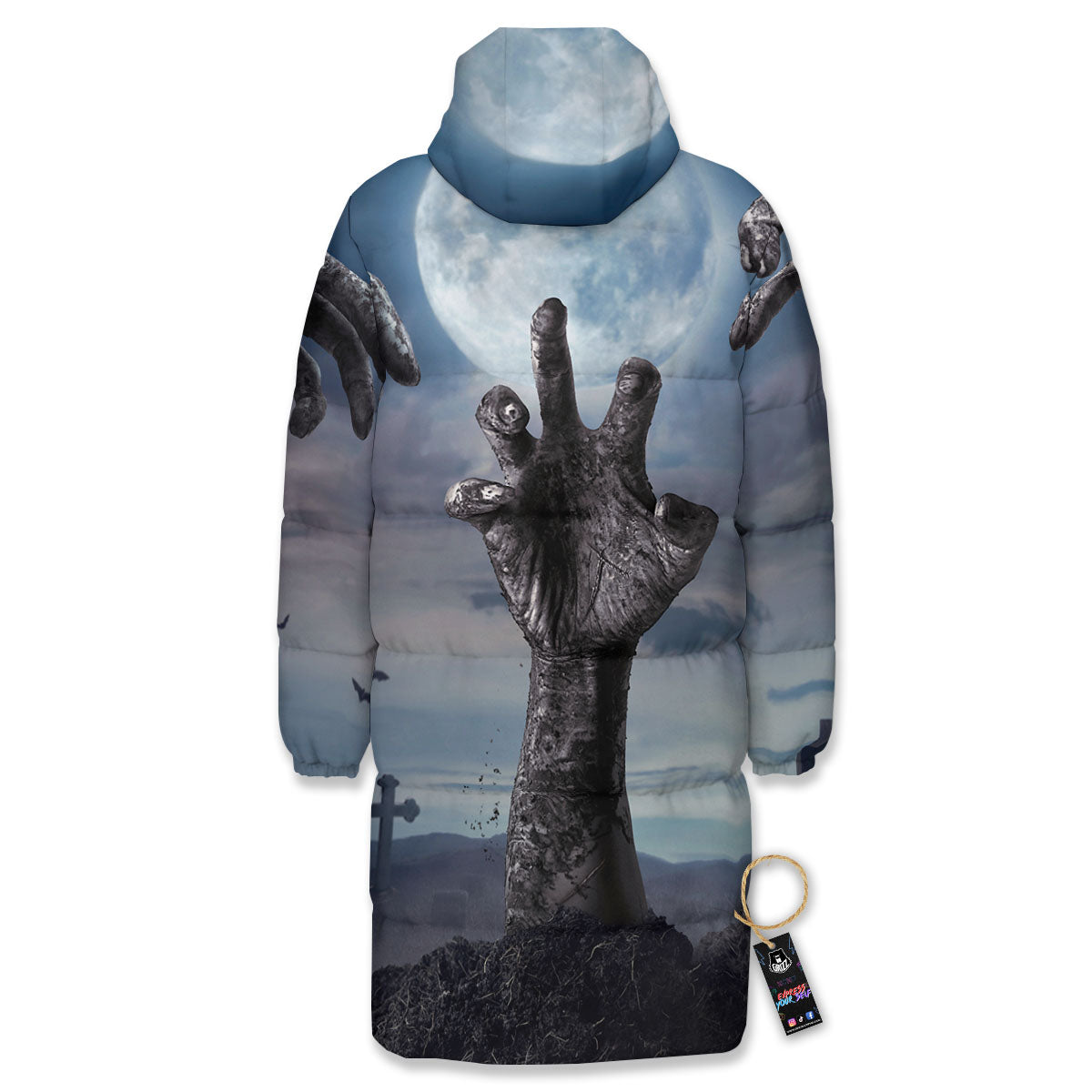Zombie Hands Halloween Print Long Down Jacket