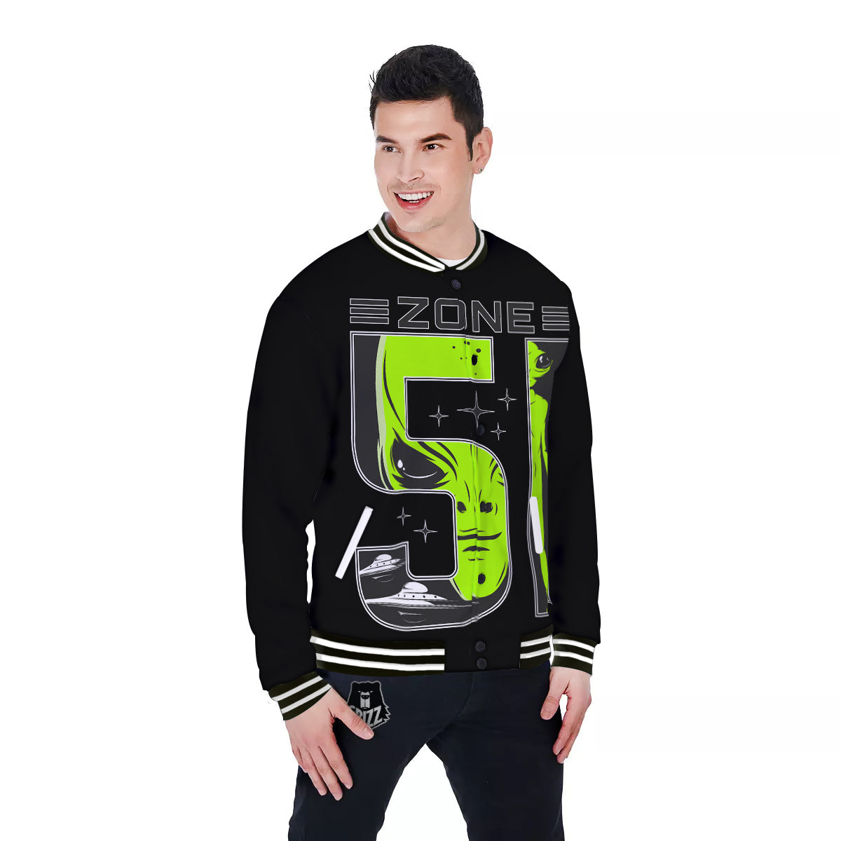 Zone 51 Alien And UFO Print Baseball Jacket-grizzshop