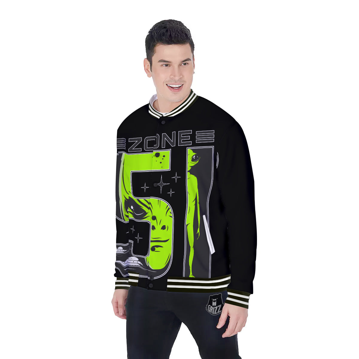 Zone 51 Alien And UFO Print Baseball Jacket-grizzshop