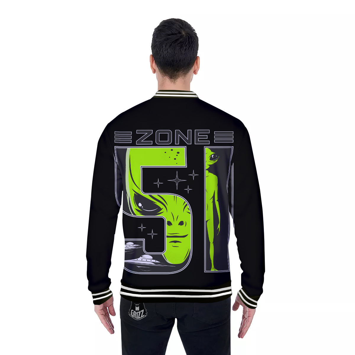 Zone 51 Alien And UFO Print Baseball Jacket-grizzshop