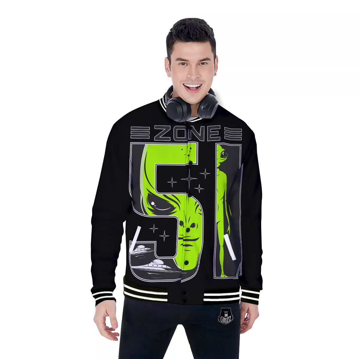 Zone 51 Alien And UFO Print Baseball Jacket-grizzshop