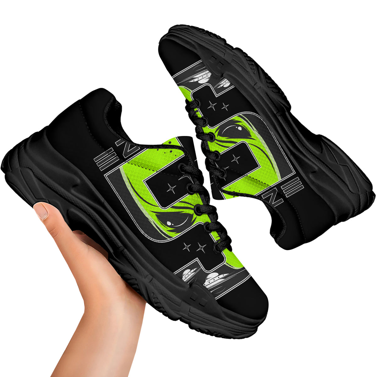 Zone 51 Alien And UFO Print Black Chunky Shoes-grizzshop