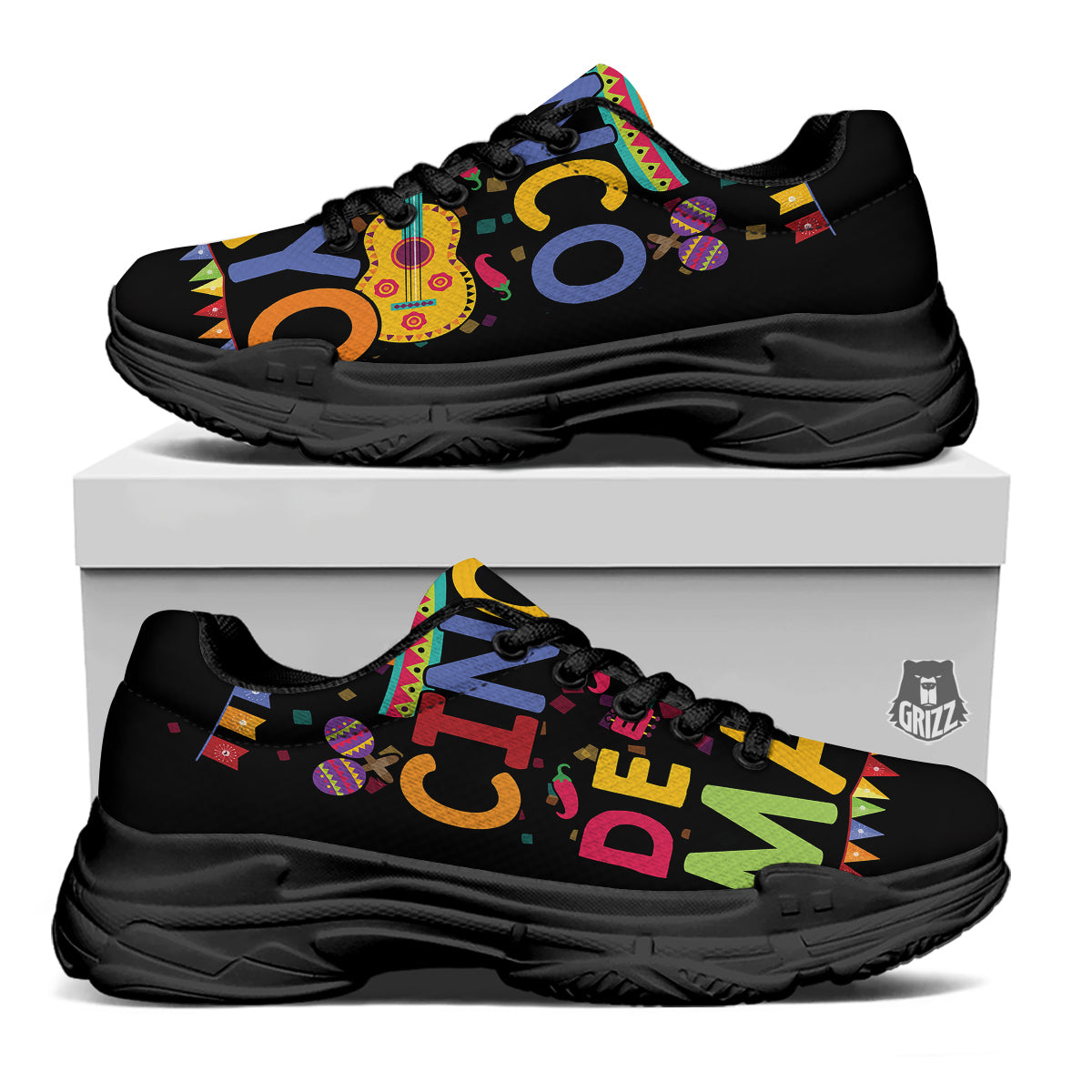 de Mayo Colorful Cinco Print Black Chunky Shoes-grizzshop