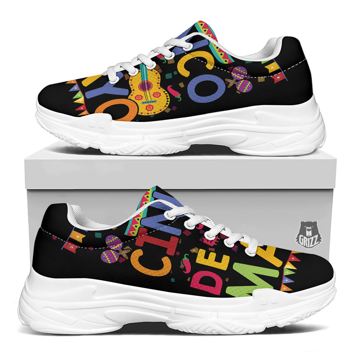 de Mayo Colorful Cinco Print White Chunky Shoes-grizzshop