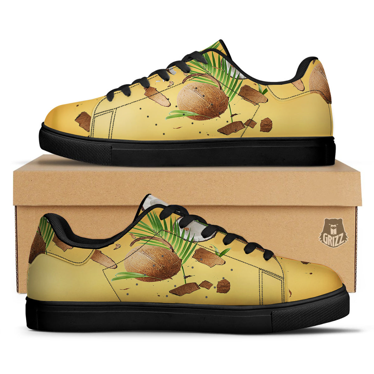 3D Coconut Print Black Low Top Sneakers-grizzshop