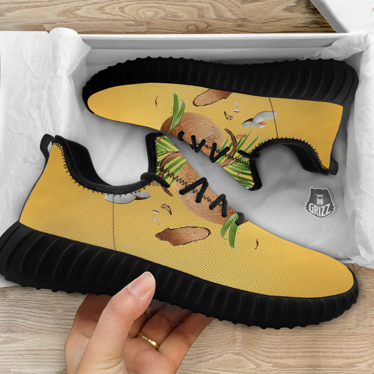 3D Coconut Print Black Walking Shoes-grizzshop