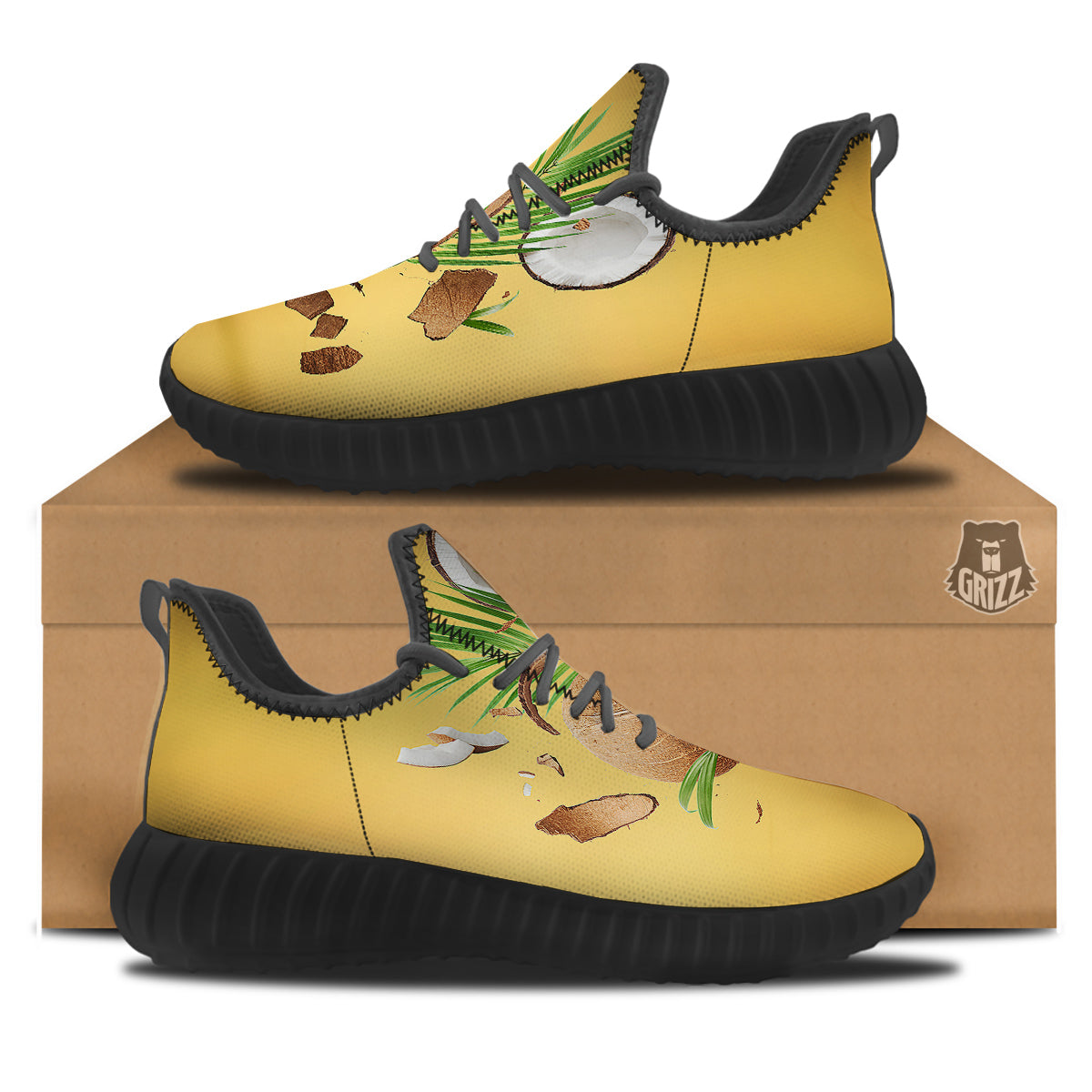 3D Coconut Print Black Walking Shoes-grizzshop