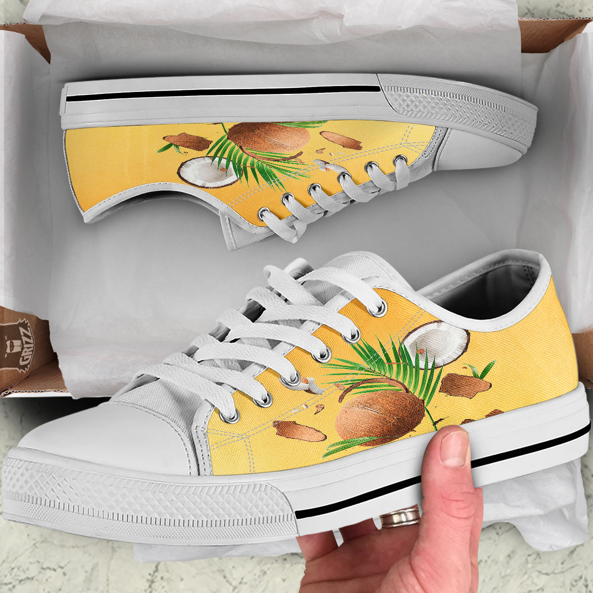 3D Coconut Print White Low Top Shoes-grizzshop