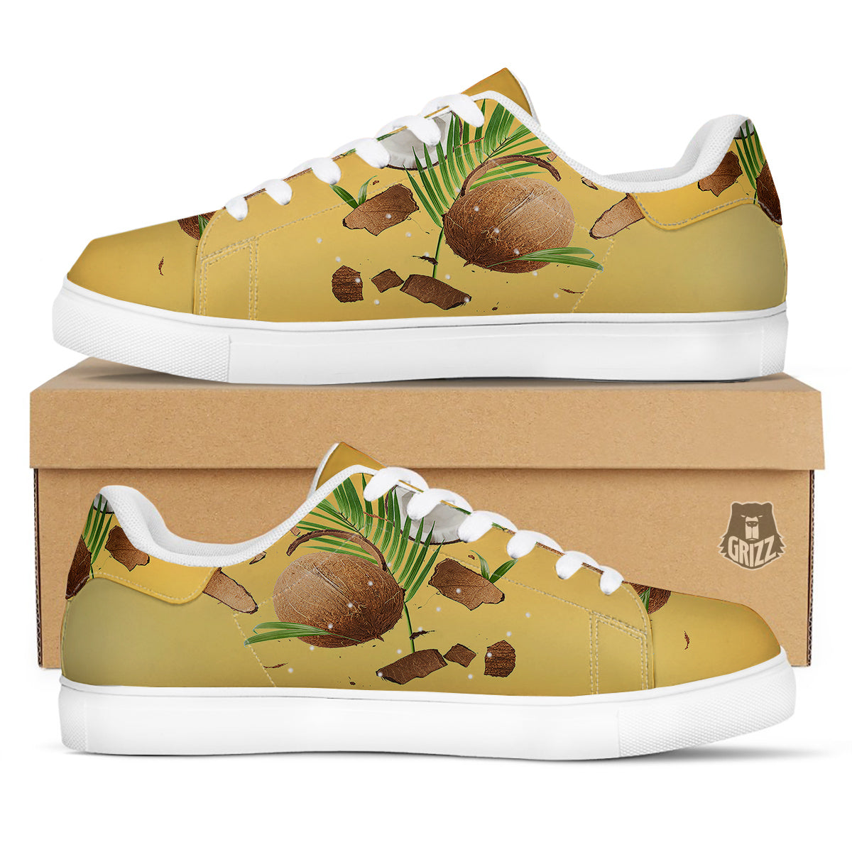 3D Coconut Print White Low Top Sneakers-grizzshop
