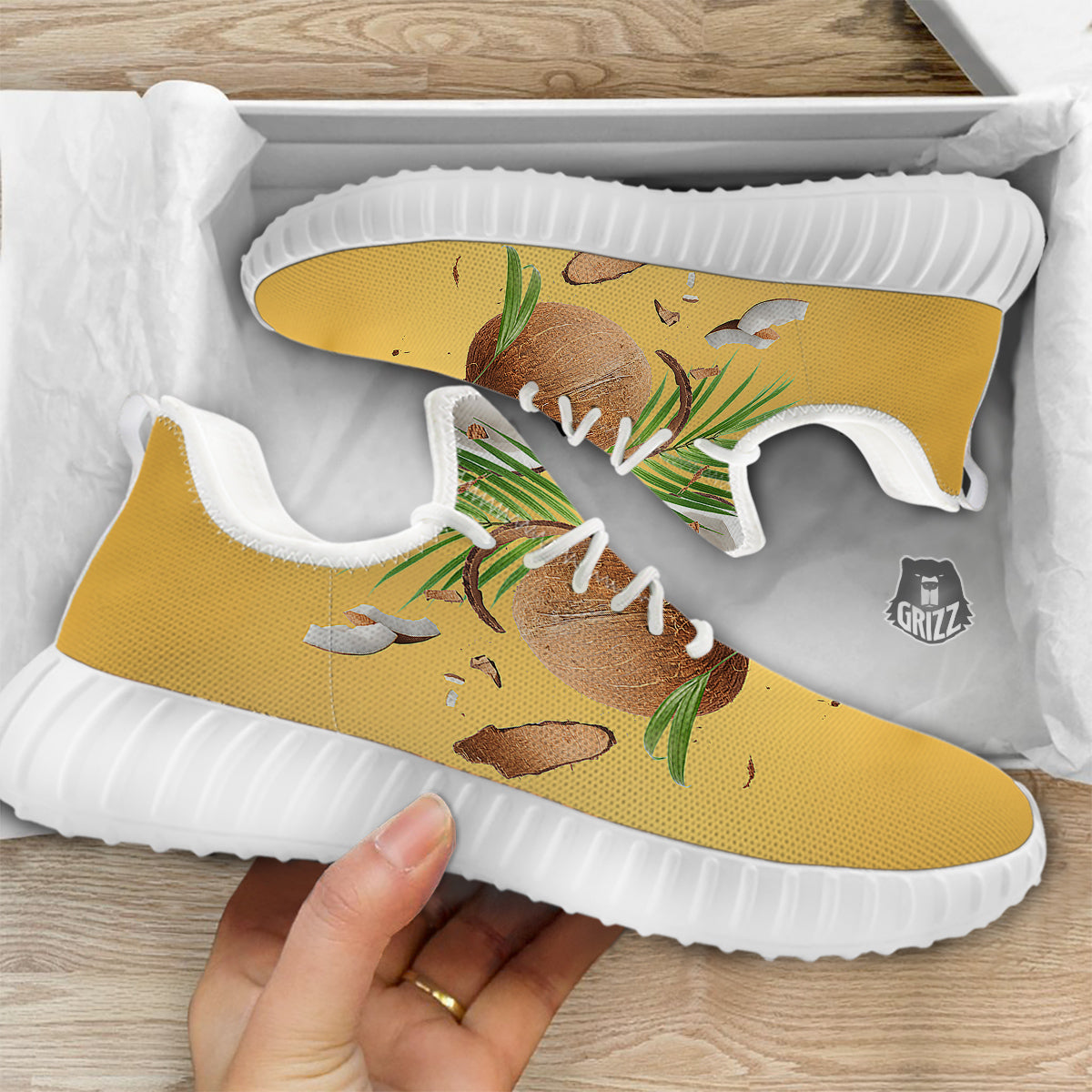 3D Coconut Print White Walking Shoes-grizzshop
