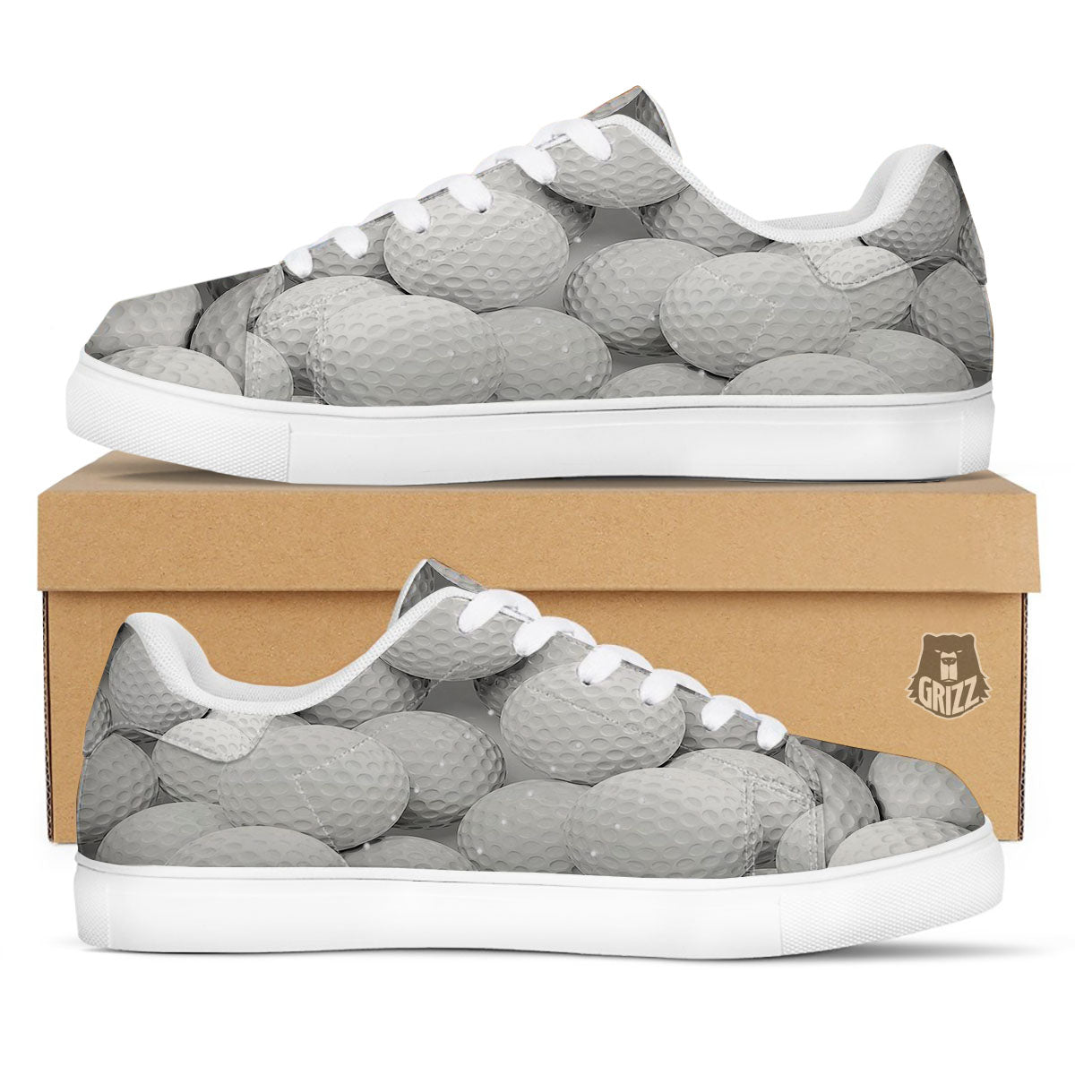3D Golf Ball Print White Low Top Sneakers-grizzshop