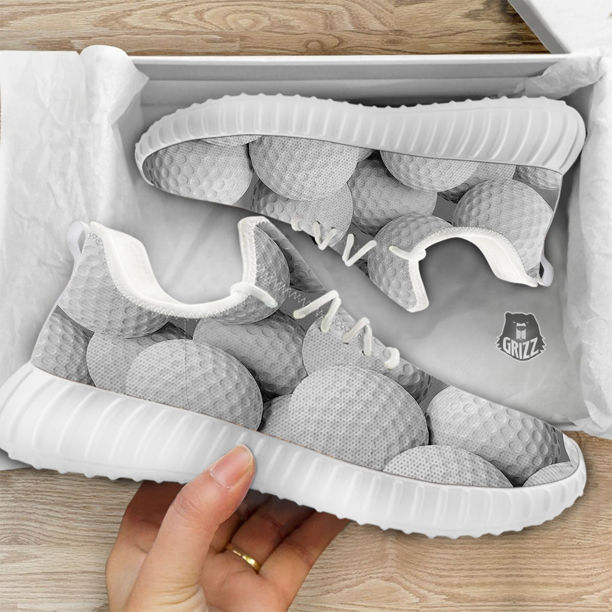 3D Golf Ball Print White Walking Shoes-grizzshop