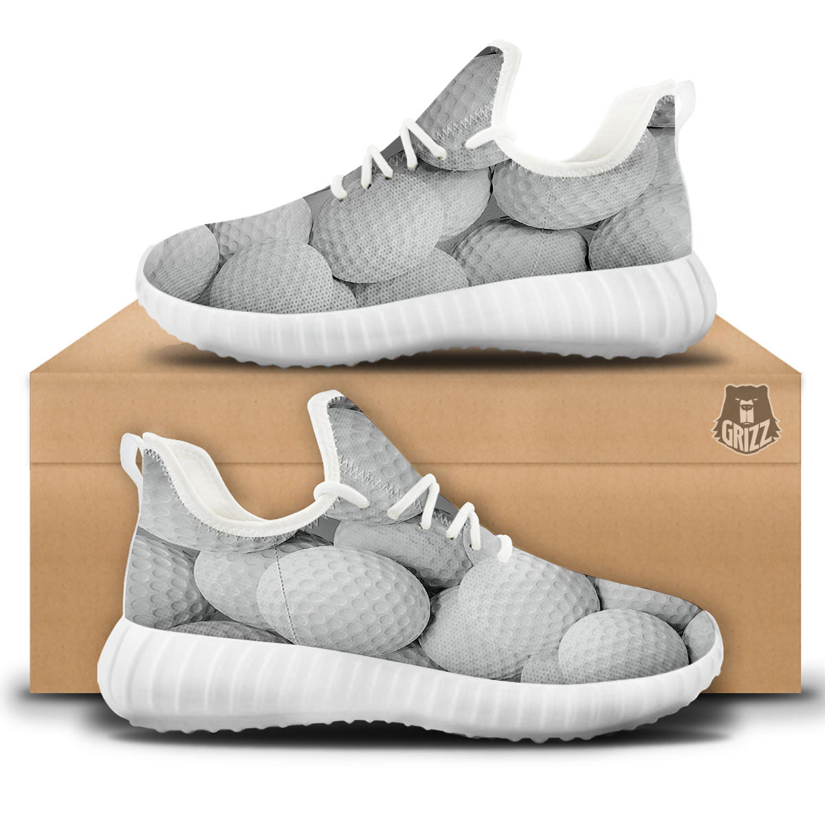3D Golf Ball Print White Walking Shoes-grizzshop