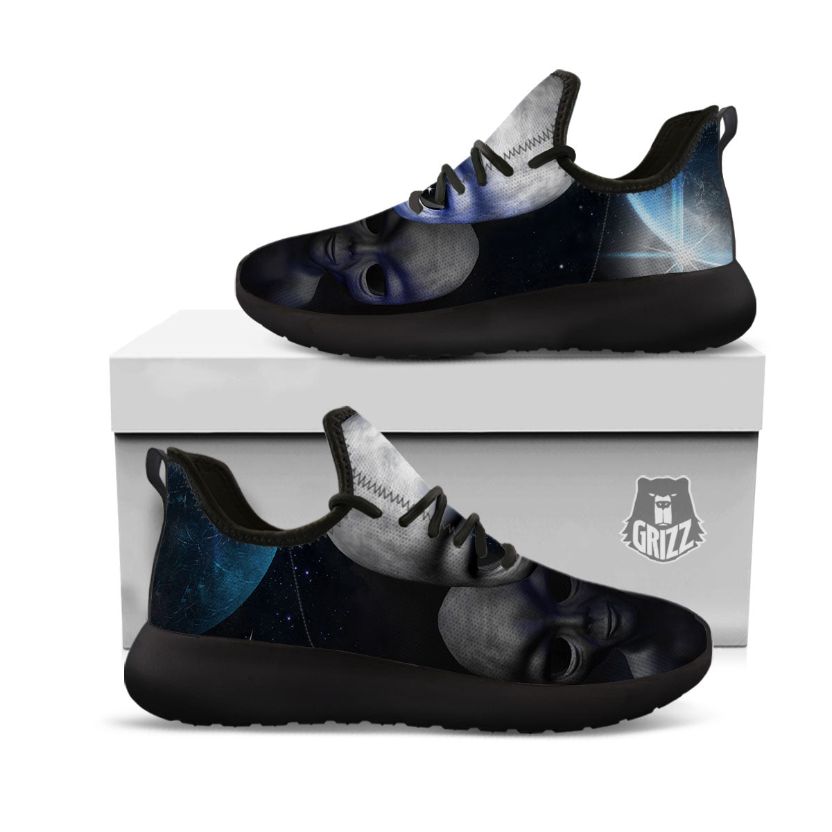 3D Grey Alien Print Black Athletic Shoes-grizzshop