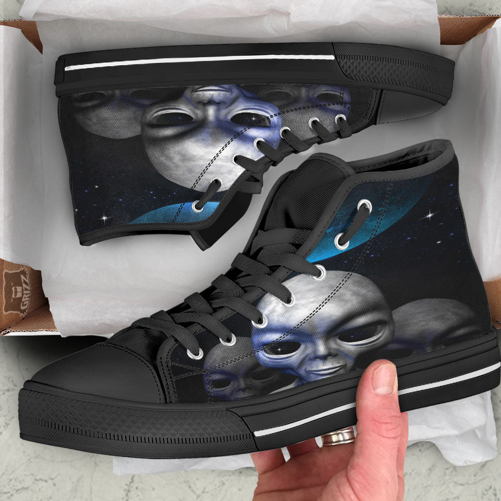 3D Grey Alien Print Black High Top Shoes-grizzshop