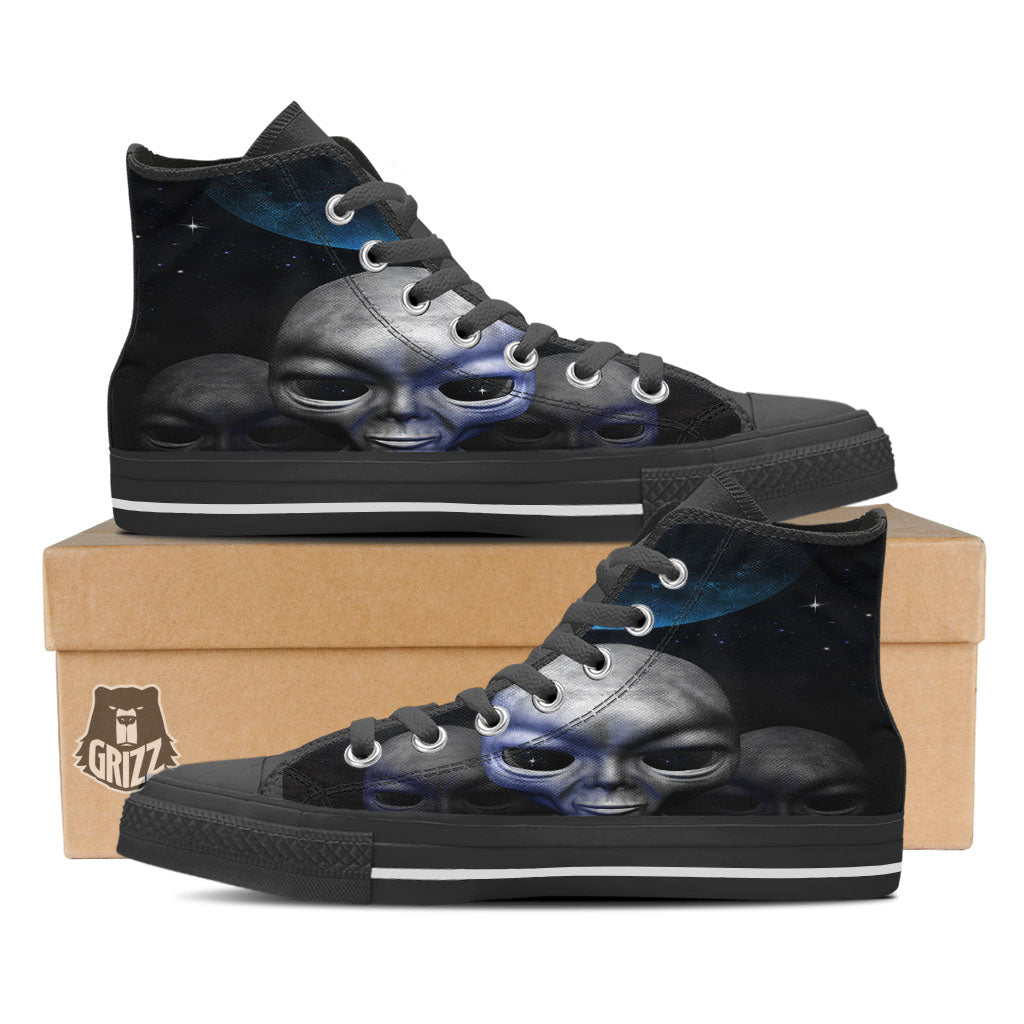 3D Grey Alien Print Black High Top Shoes-grizzshop