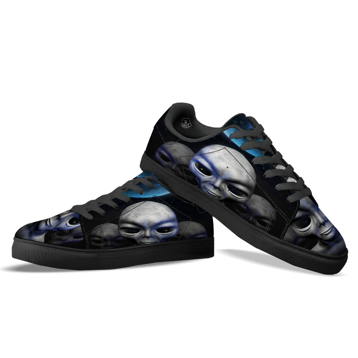 3D Grey Alien Print Black Low Top Sneakers-grizzshop